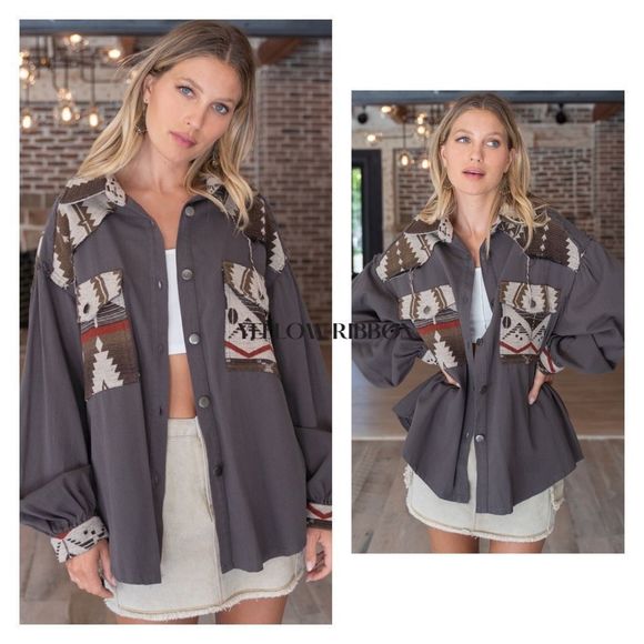 NEW POL Oversized Aztec Button Down Shirt / Shacket - Picture 2 of 3